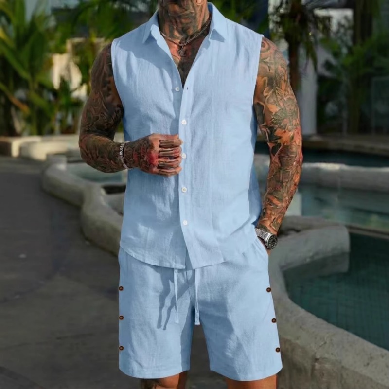 Short Linen Drawstring - Setelan Linen 2 Potong Pria Tanpa
