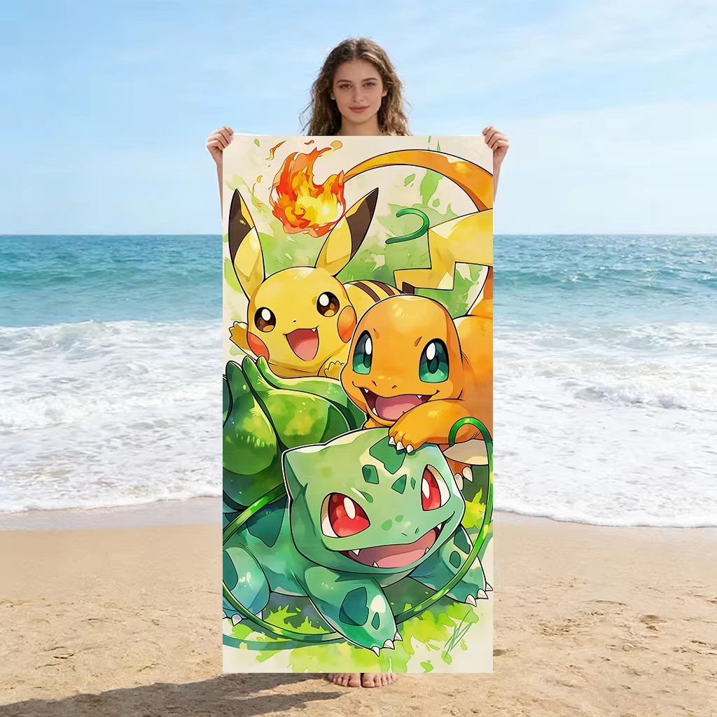Beach Towel Large - Handuk Pantai Anime P-Pokemon Starters, Gambar