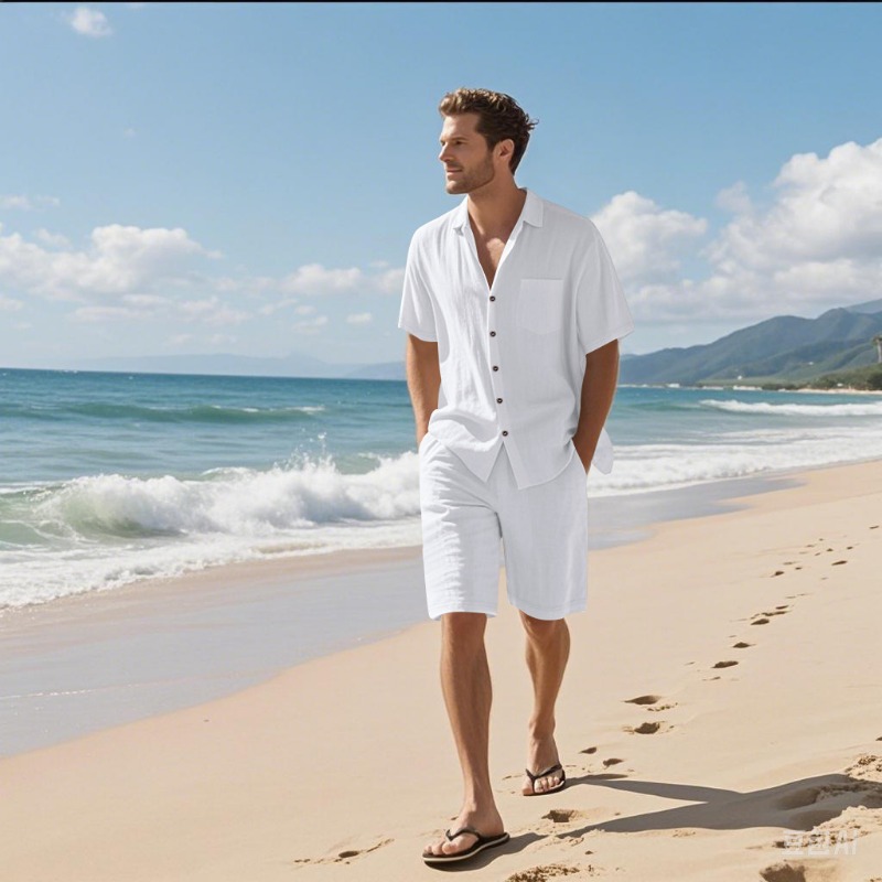 Linen Shirt Breathable - Setelan Kemeja Kerah Camp dan Celana
