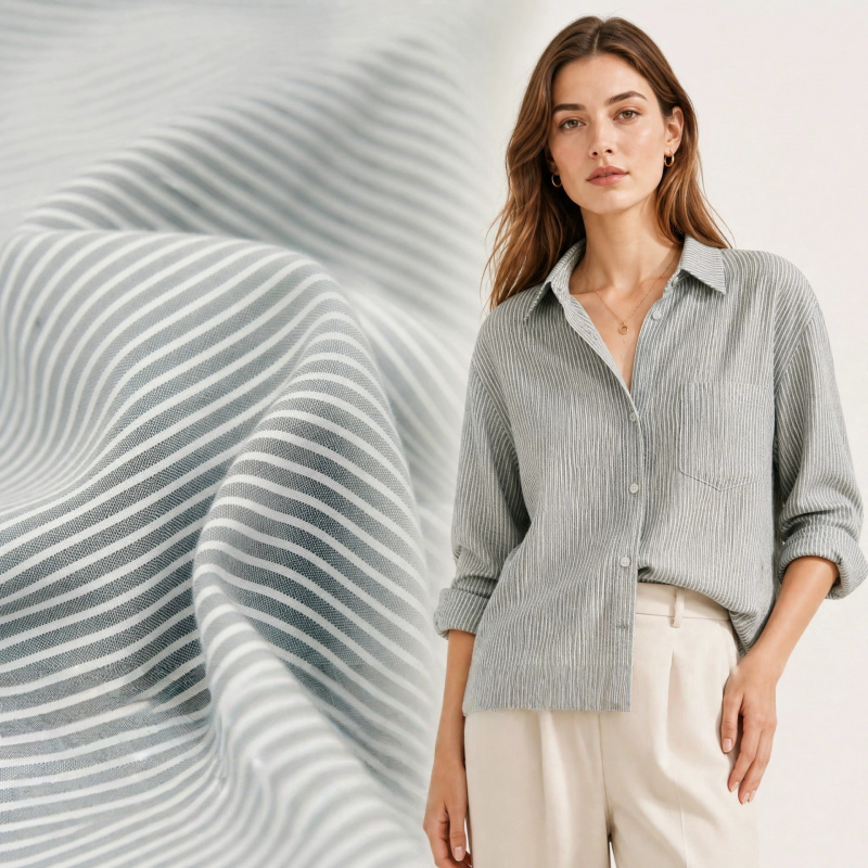 Linen Shirt Breathable - Kain katun-linen bergaris halus abu-abu putih