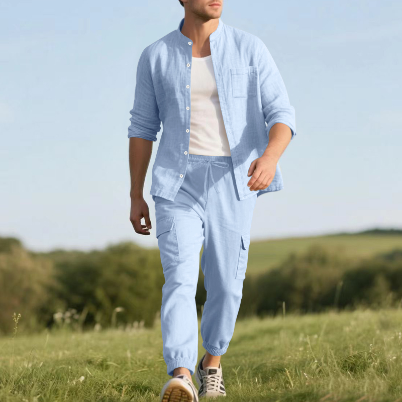 Setelan Linen Pria Dua Potong  - Linen Shirt Breathable ulasan dan harga