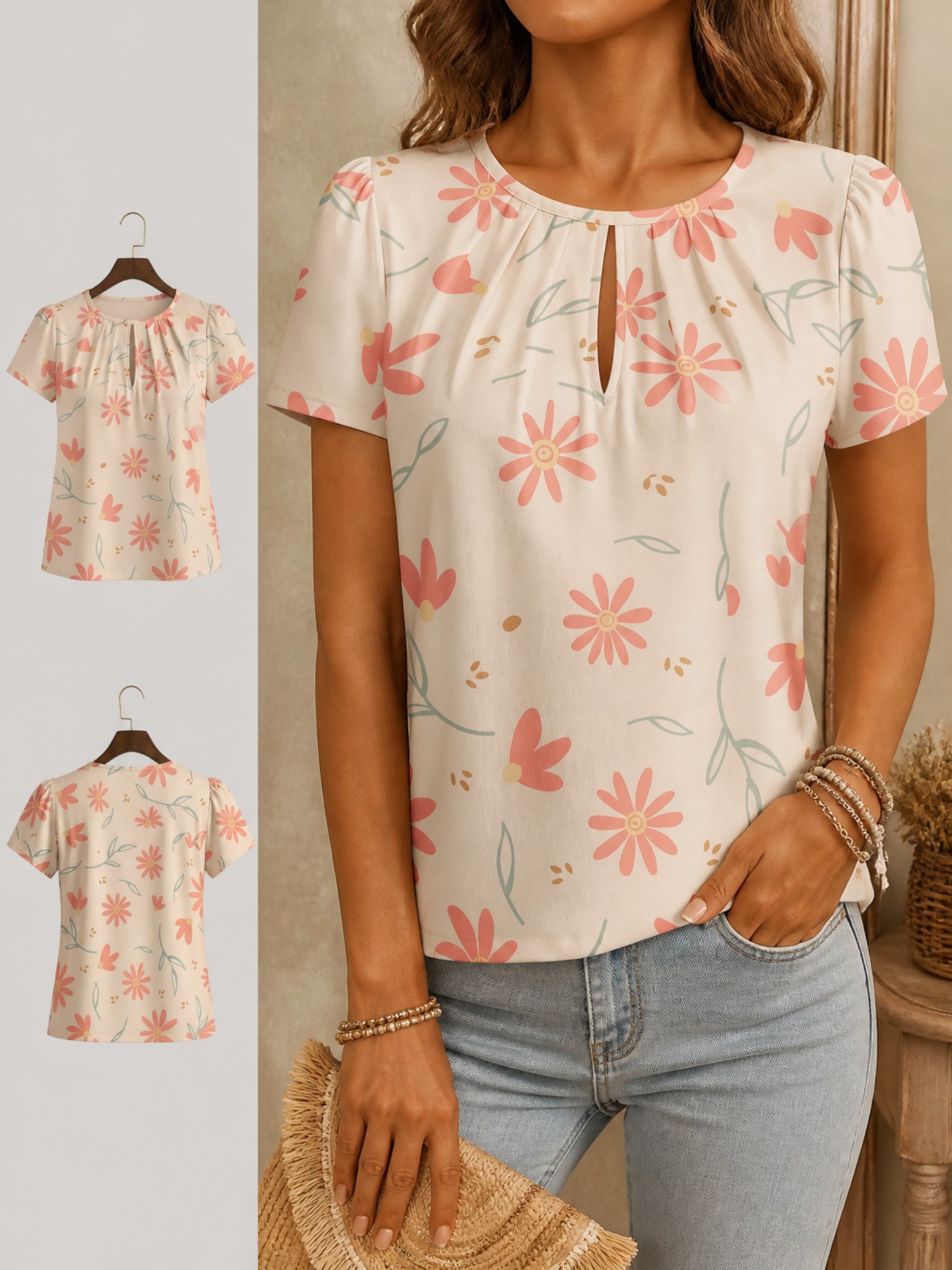Kaos Wanita Elegan Kerah Bulat - Resort Shirt Floral ulasan dan harga